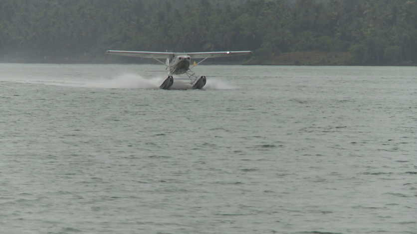 Seaplane displaces water in a lake in Kerala