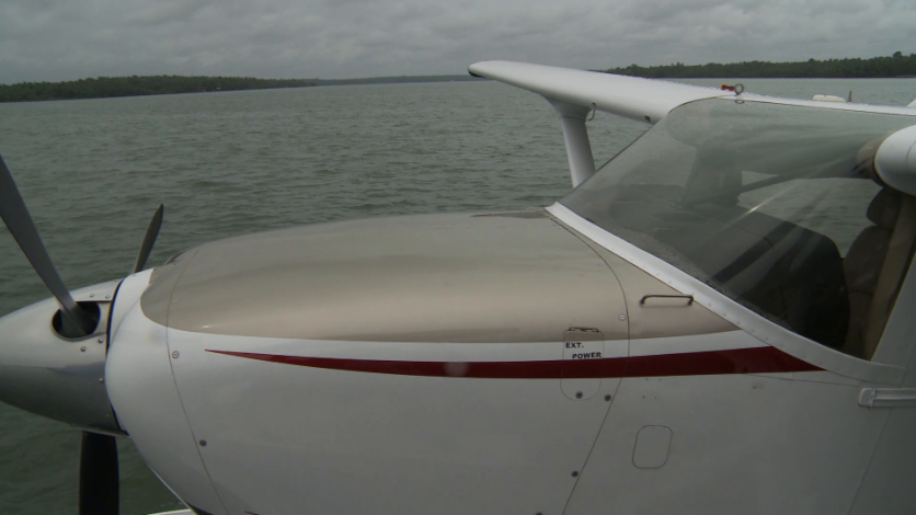 Close-up shot of seaplane's front portion in Kerala