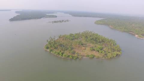 Aerial shot of the island groups in Kavvayi Backwaters