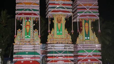Temple cars (Kuthira) displayed at Chettikulangara Bharani festival, Alappuzha