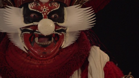 Detailed slow-motion shot of Chuvanna thadi Vesham, Kathakali