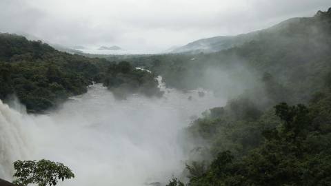 Panning shot of Athirappilly Waterfalls, Kerala