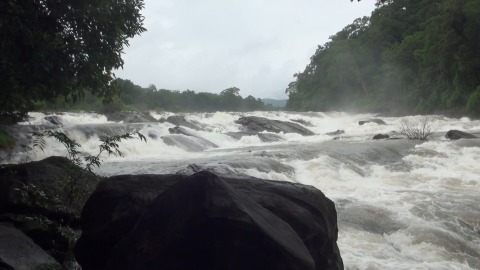 Water gushes between rocks in Vazhachal Falls